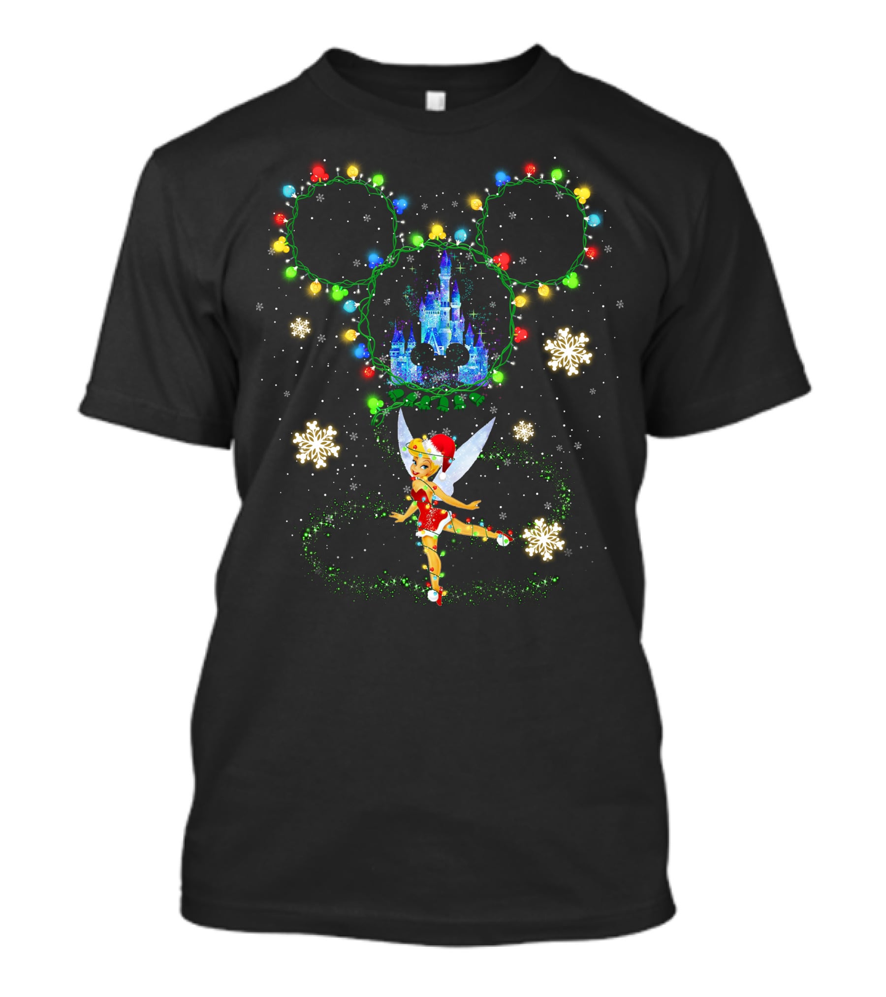 Tinker Bell Christmas Lights Mickey Ears Disney Castle Snowflakes T-Shirt