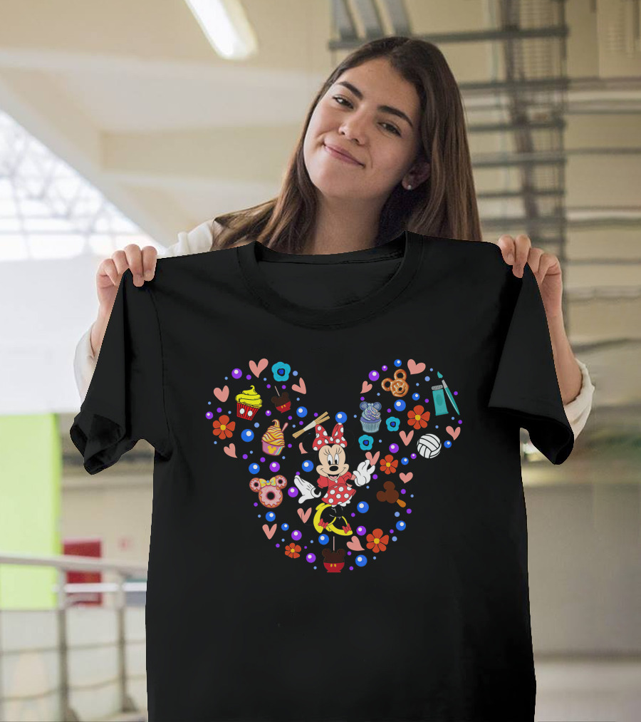 Minnie Mouse Heart Shape With Sweets And Treats Icons T-Shirt