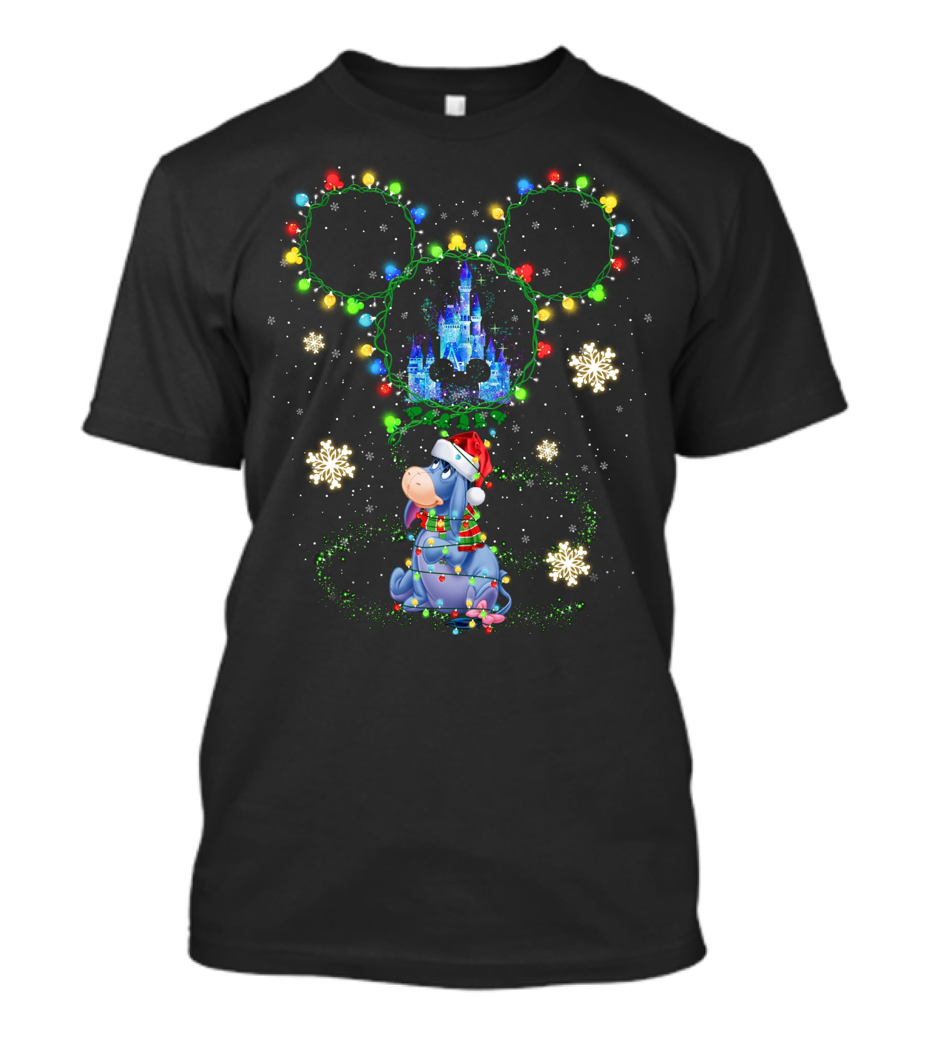 Eeyore Disney Christmas Mickey Lights Castle Snowflakes T-Shirt