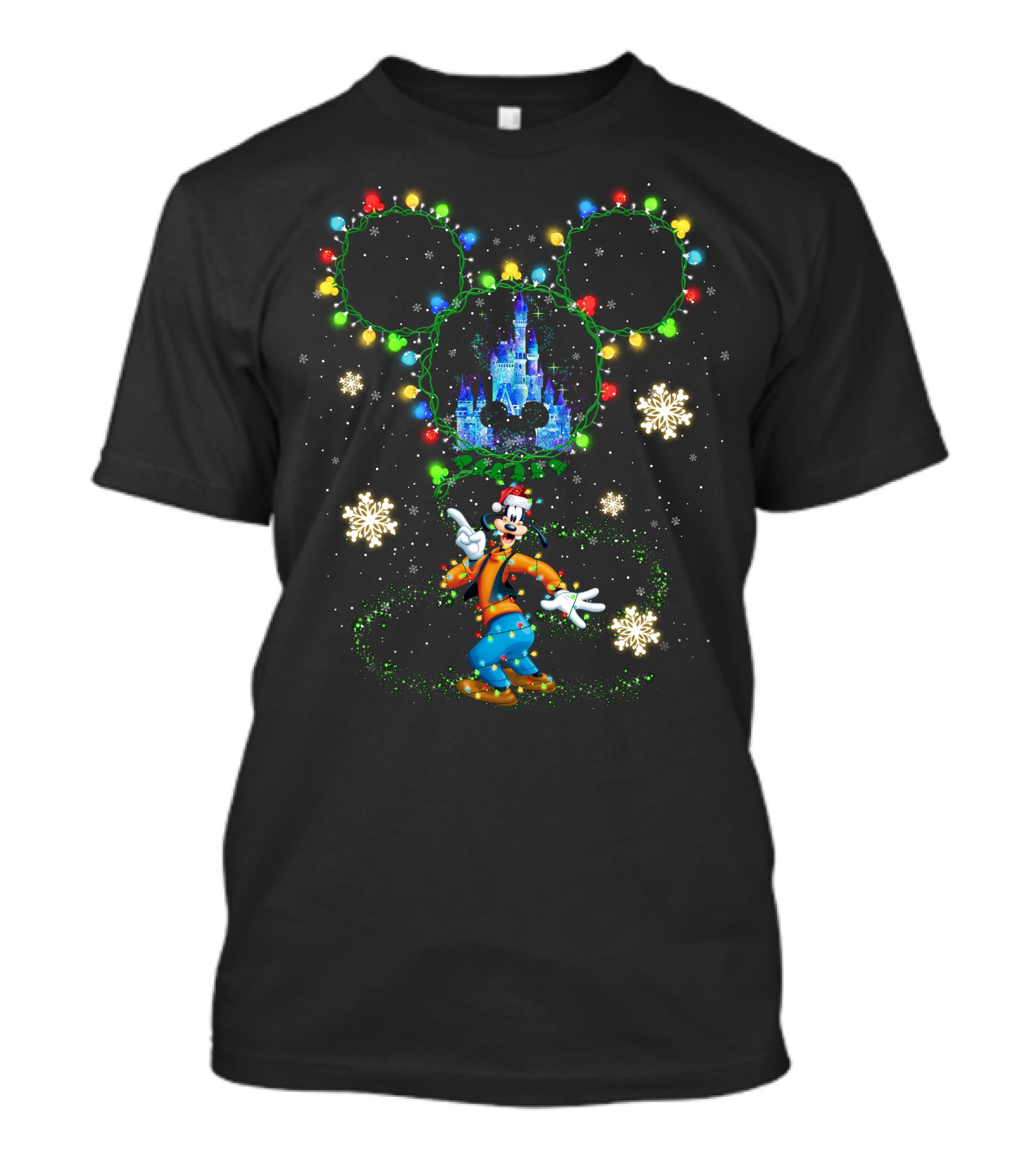 Goofy Castle Mickey Lights Snowflakes Holiday T-Shirt