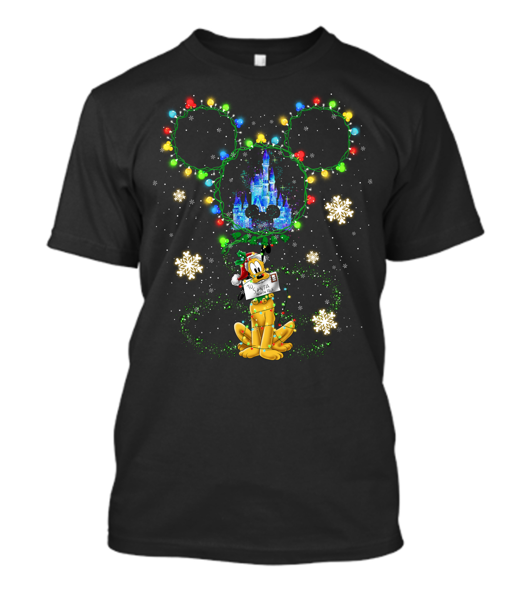 Pluto Santa Christmas Lights Mickey Head Castle Snowflakes T-Shirt