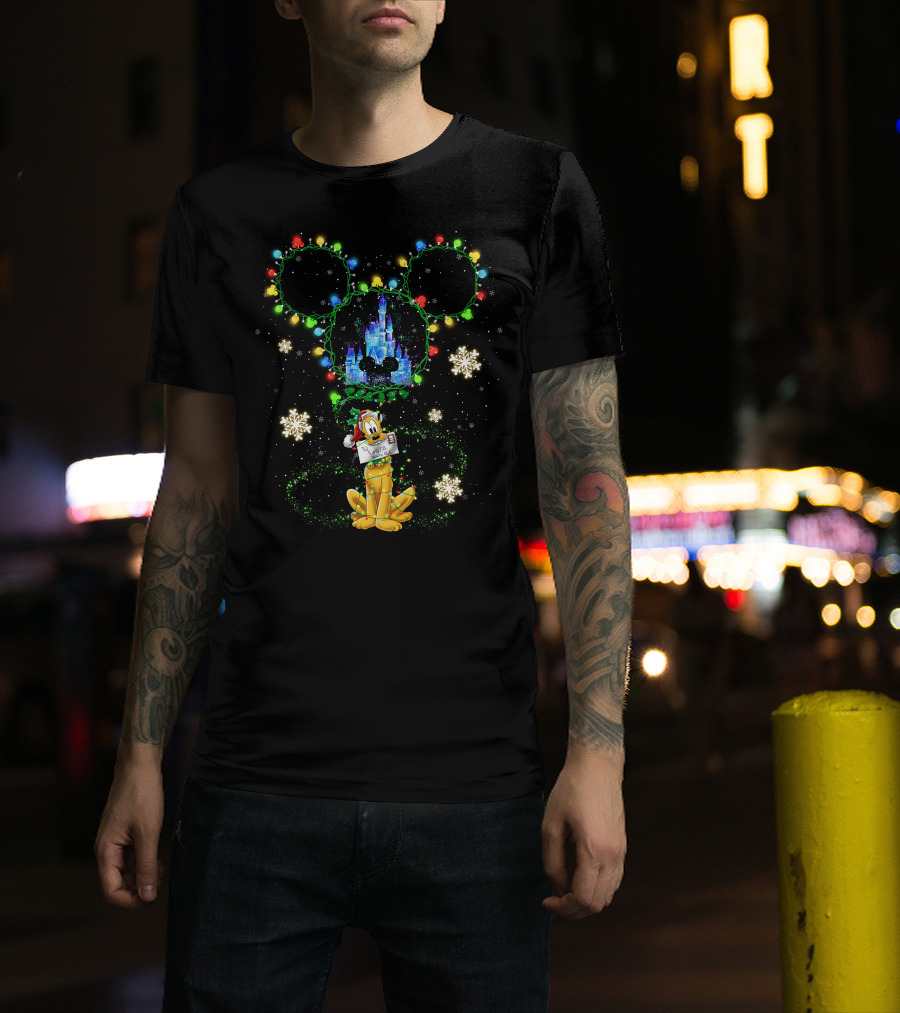 Pluto Santa Christmas Lights Mickey Head Castle Snowflakes T-Shirt