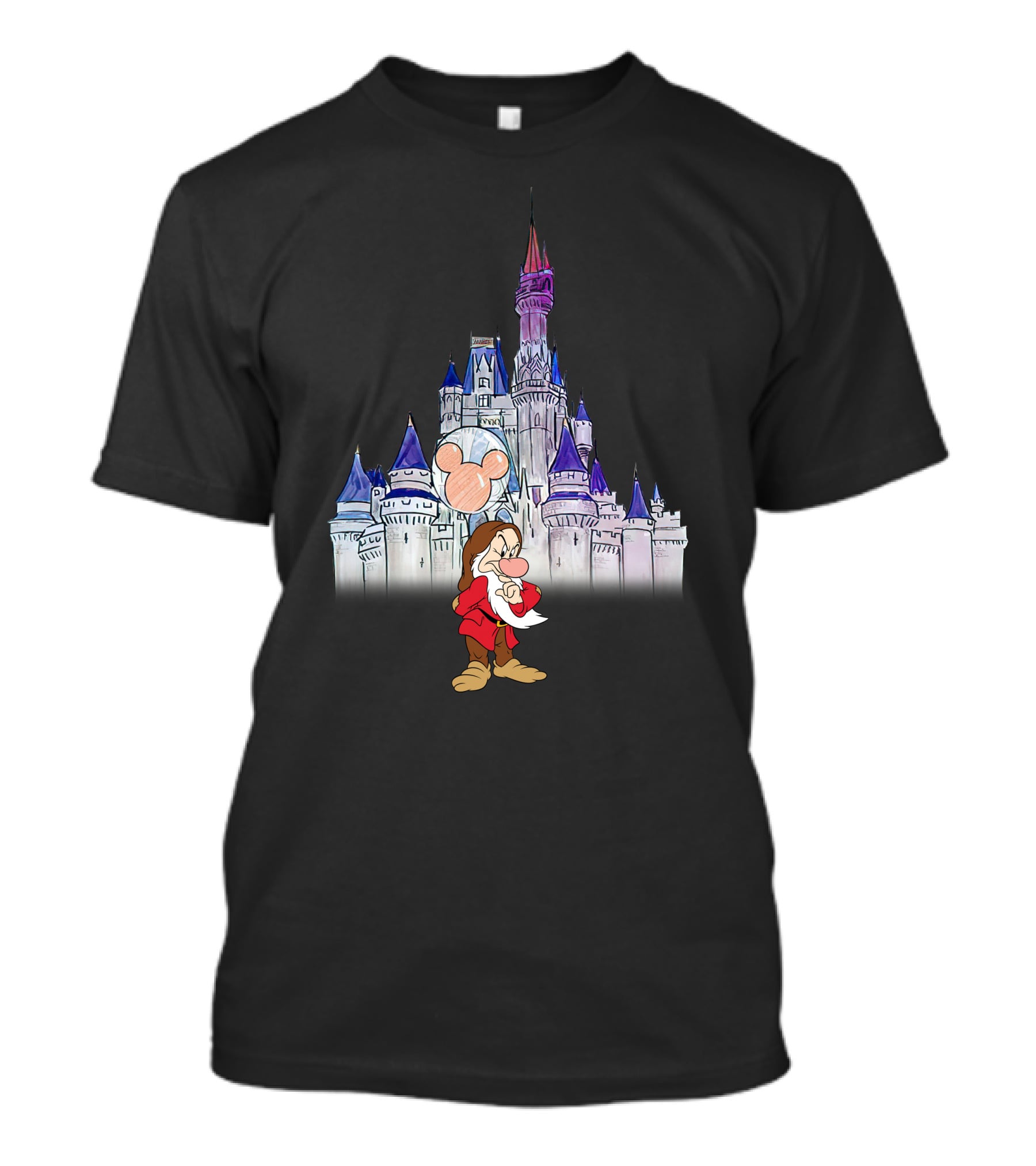 Grumpy Dwarf With Mickey Balloon At Disney Castle T-Shirt