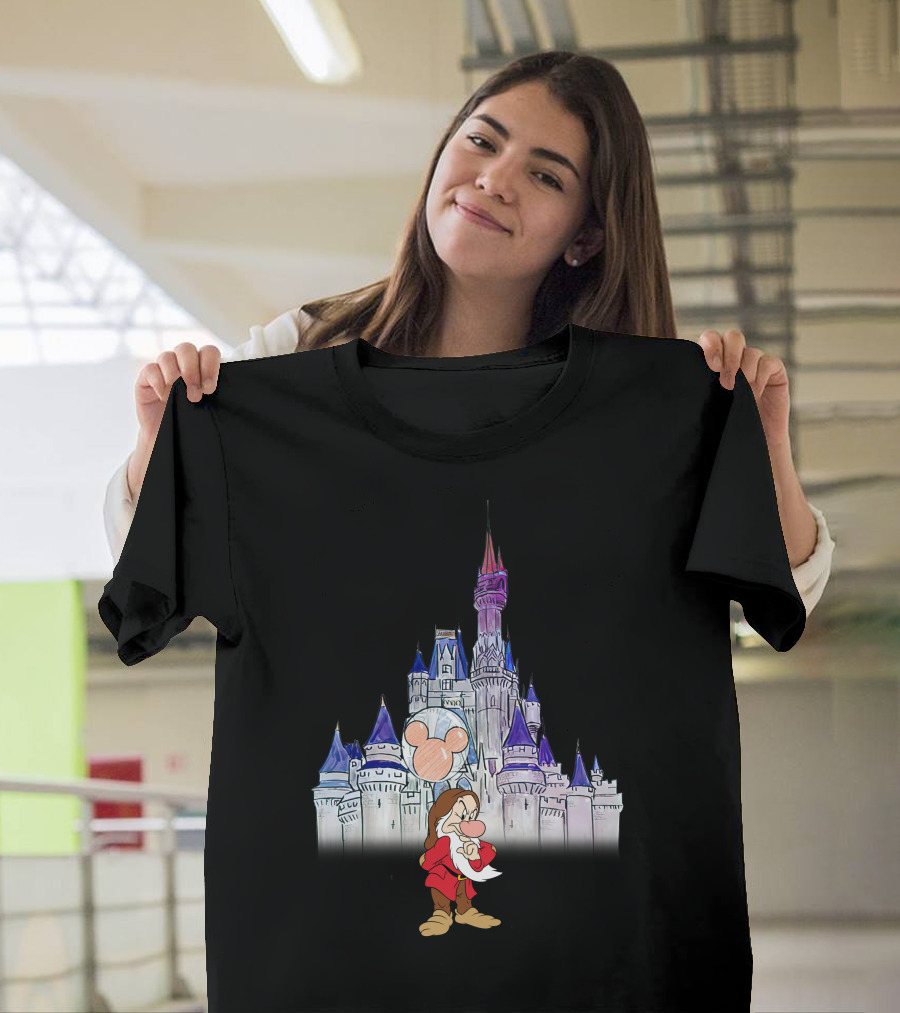 Grumpy Dwarf With Mickey Balloon At Disney Castle T-Shirt