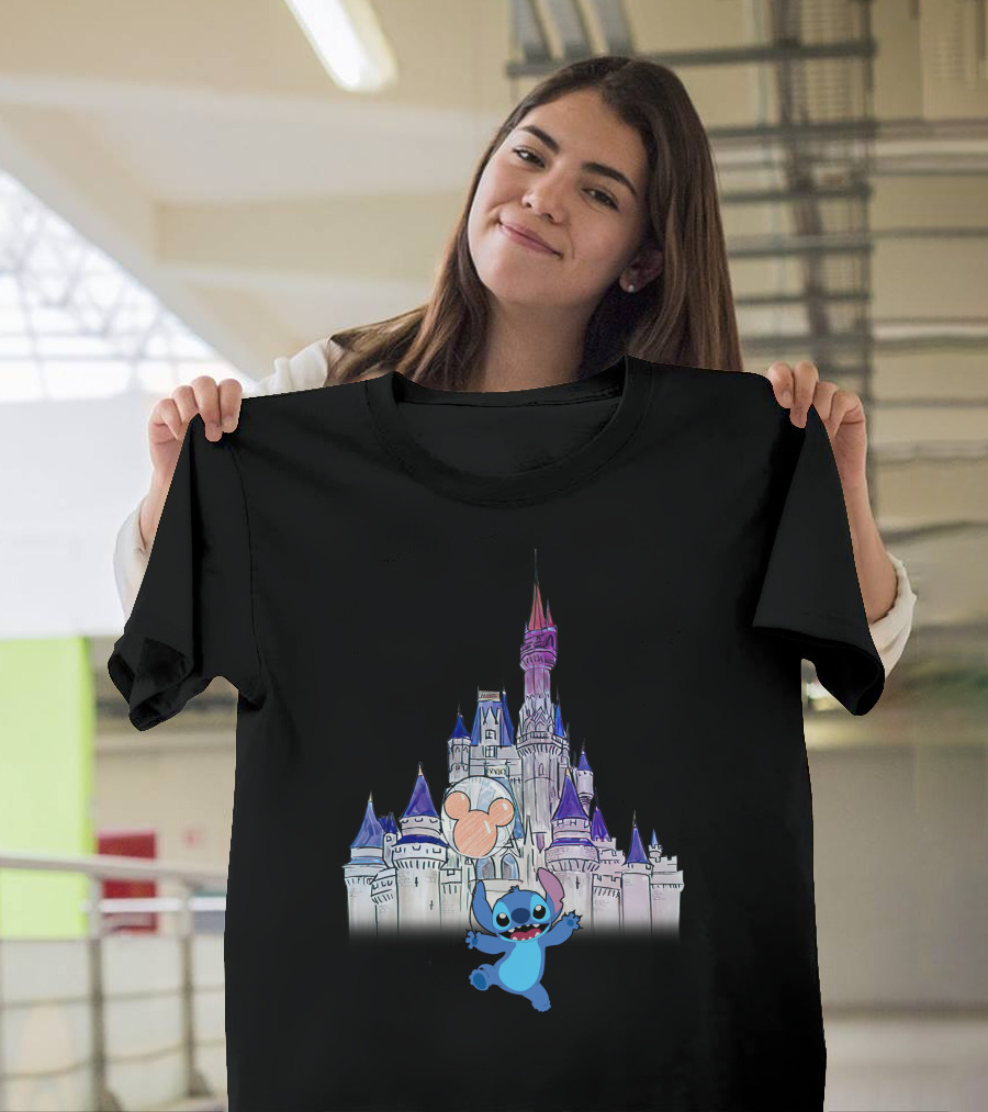 Stitch At Enchanted Disney Castle With Mickey Balloon T-Shirt