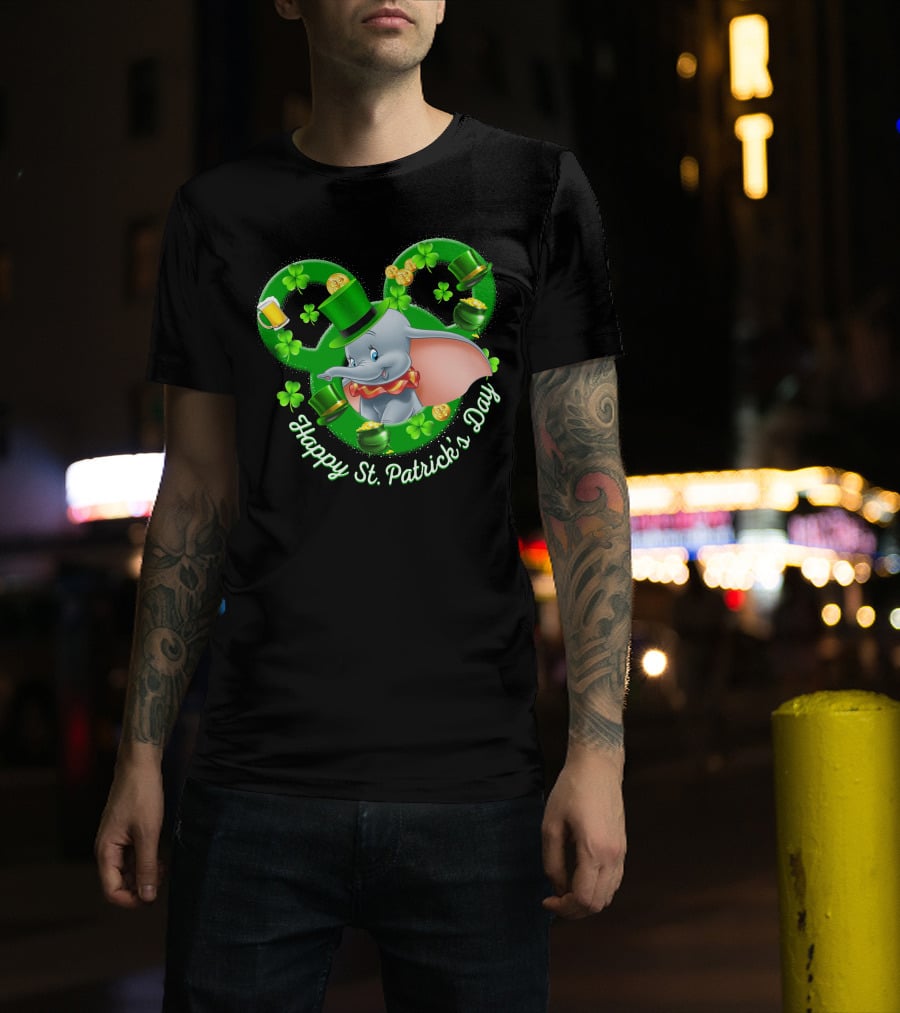 Dumbo Happy St. Patrick's Day With Shamrocks And Leprechaun Hat T-Shirt