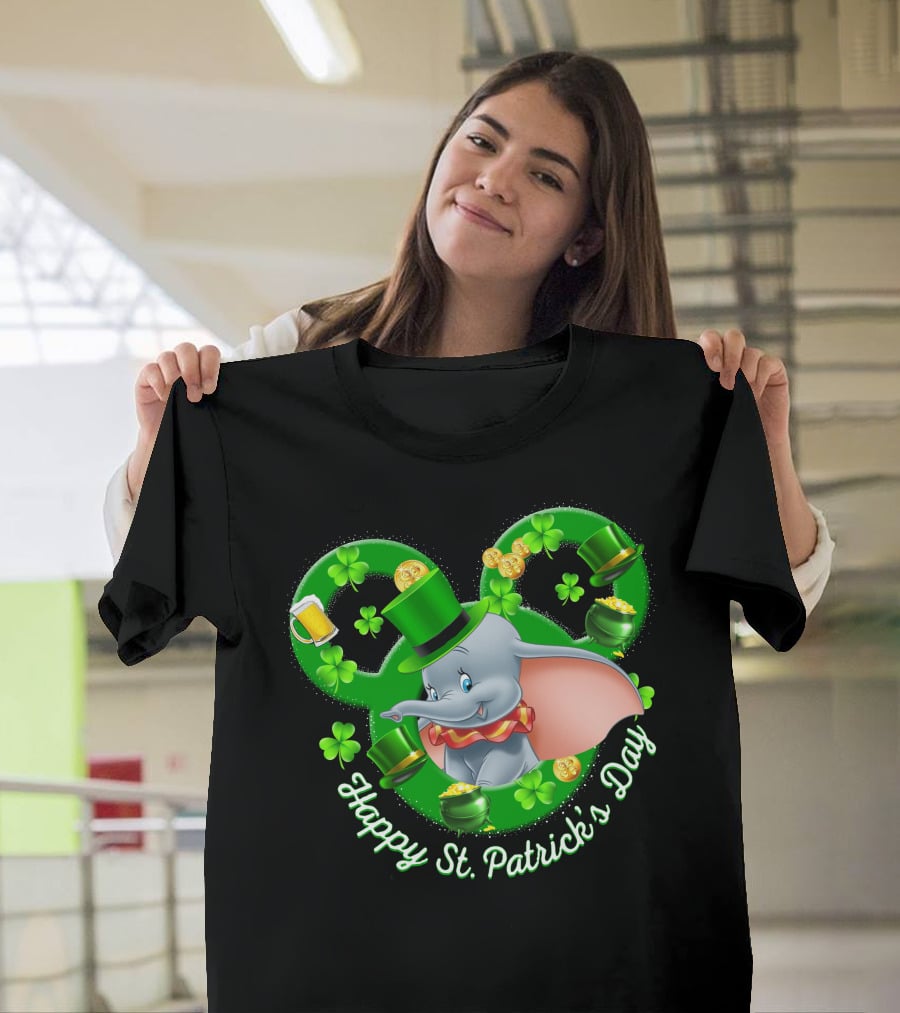 Dumbo Happy St. Patrick's Day With Shamrocks And Leprechaun Hat T-Shirt