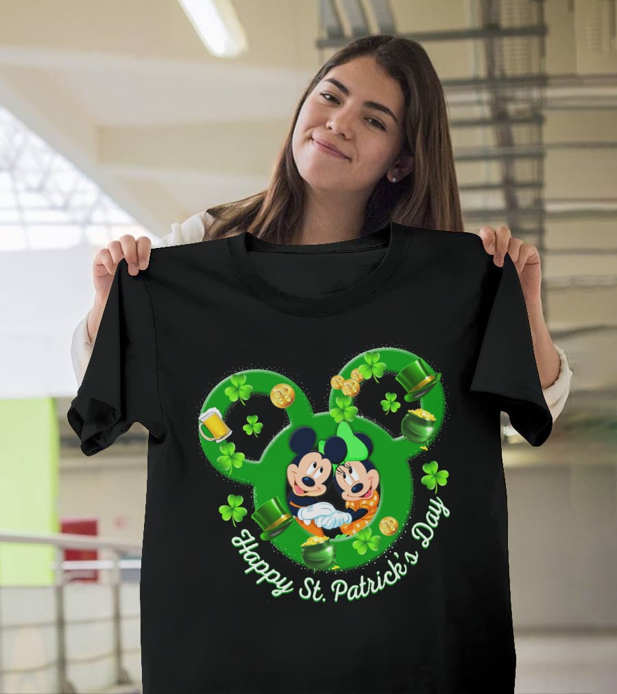 Happy St. Patrick's Day Mickey Minnie Shamrocks And Green Hats T-Shirt