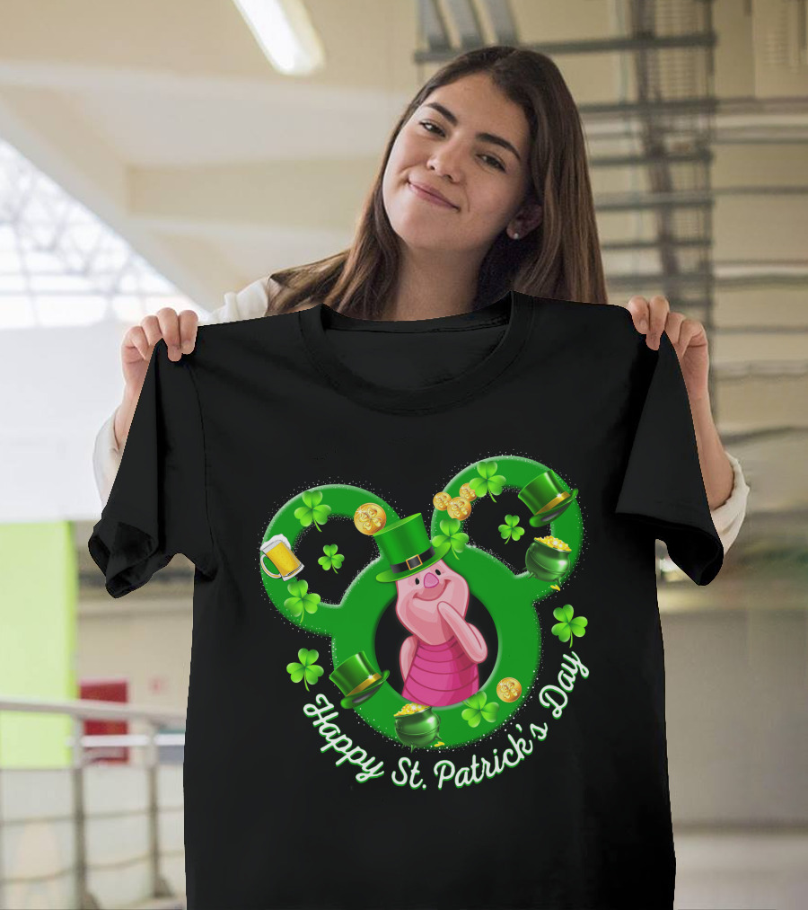 Piglet Happy St. Patrick’s Day Mickey Ears Shamrocks Coins Hat T-Shirt