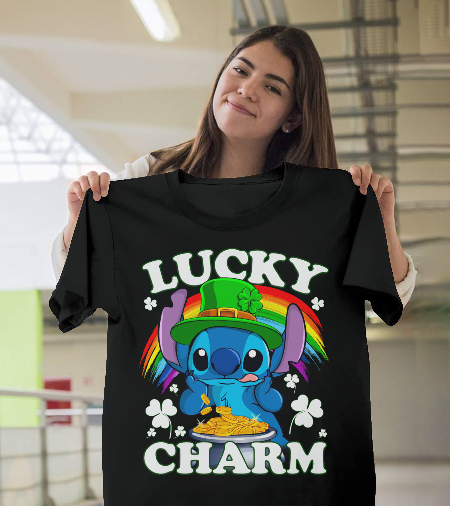 Stitch Lucky Charm Leprechaun Rainbow And Gold Coins T-Shirt