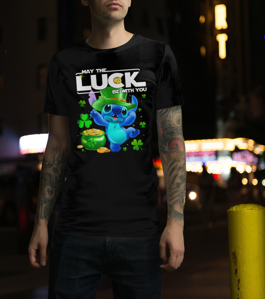 May The Luck Be With You Stitch Leprechaun Clover Coins T-Shirt