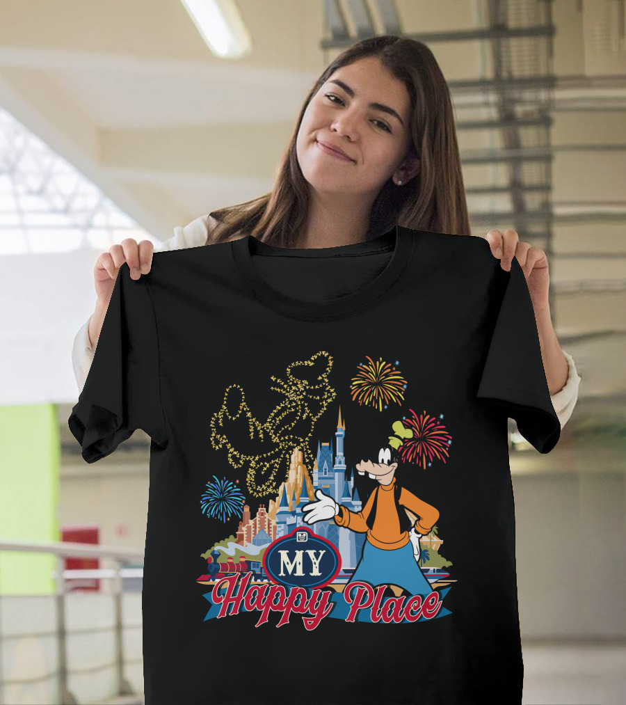Goofy My Happy Place Fireworks Castle T-Shirt