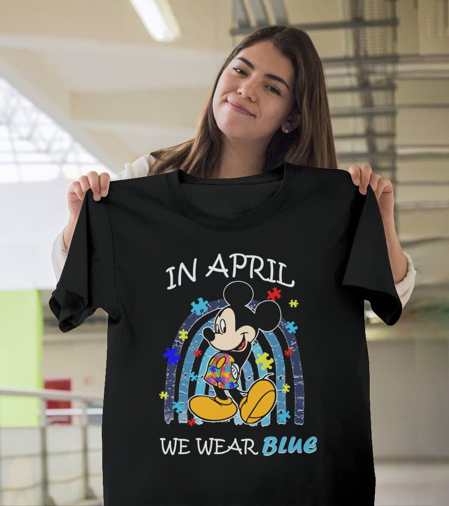 In April We Wear Blue Mickey Puzzle Autism Awareness T-Shirt