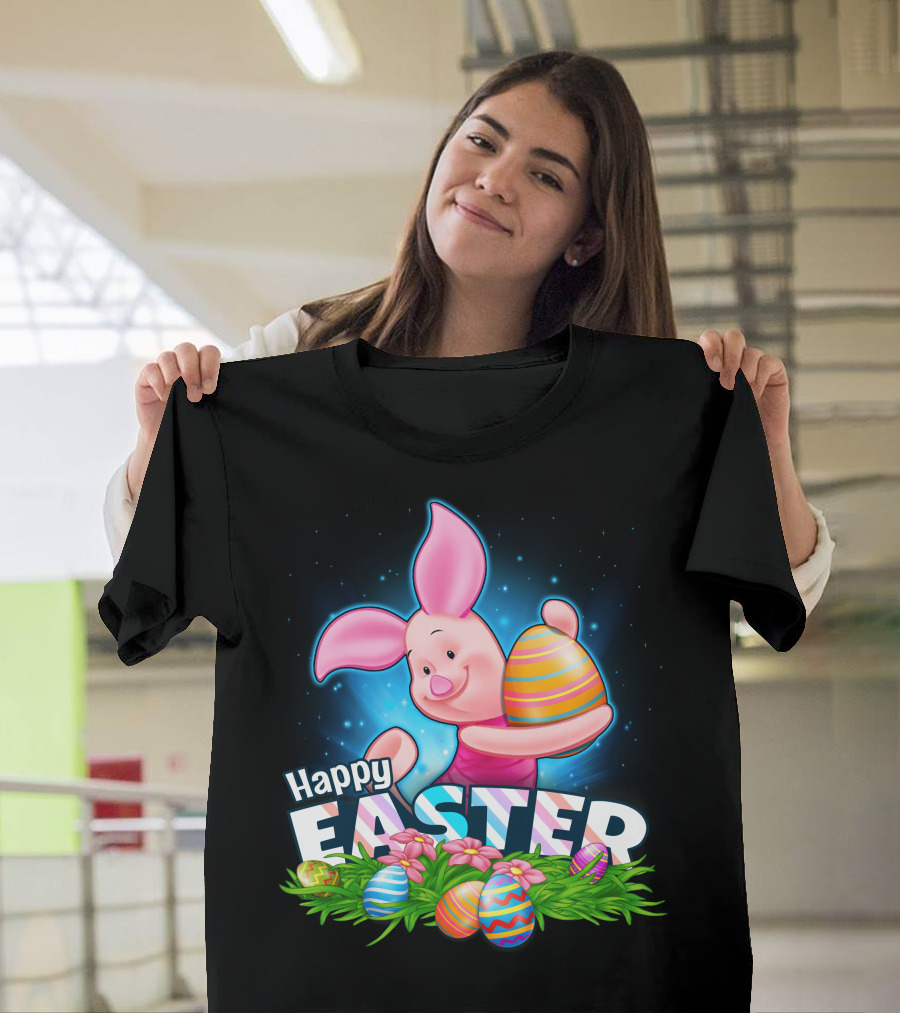 PIGLET Happy Easter Striped Easter Eggs and Flowers T-Shirt