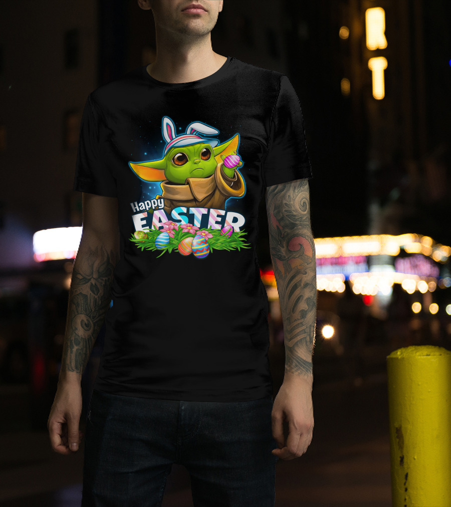 Happy Easter Yoda Baby With Bunny Ears And Colorful Eggs T-Shirt