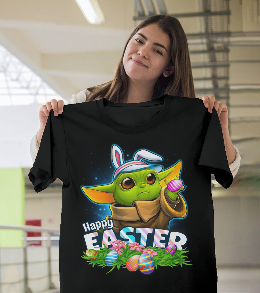 Happy Easter Yoda Baby With Bunny Ears And Colorful Eggs T-Shirt