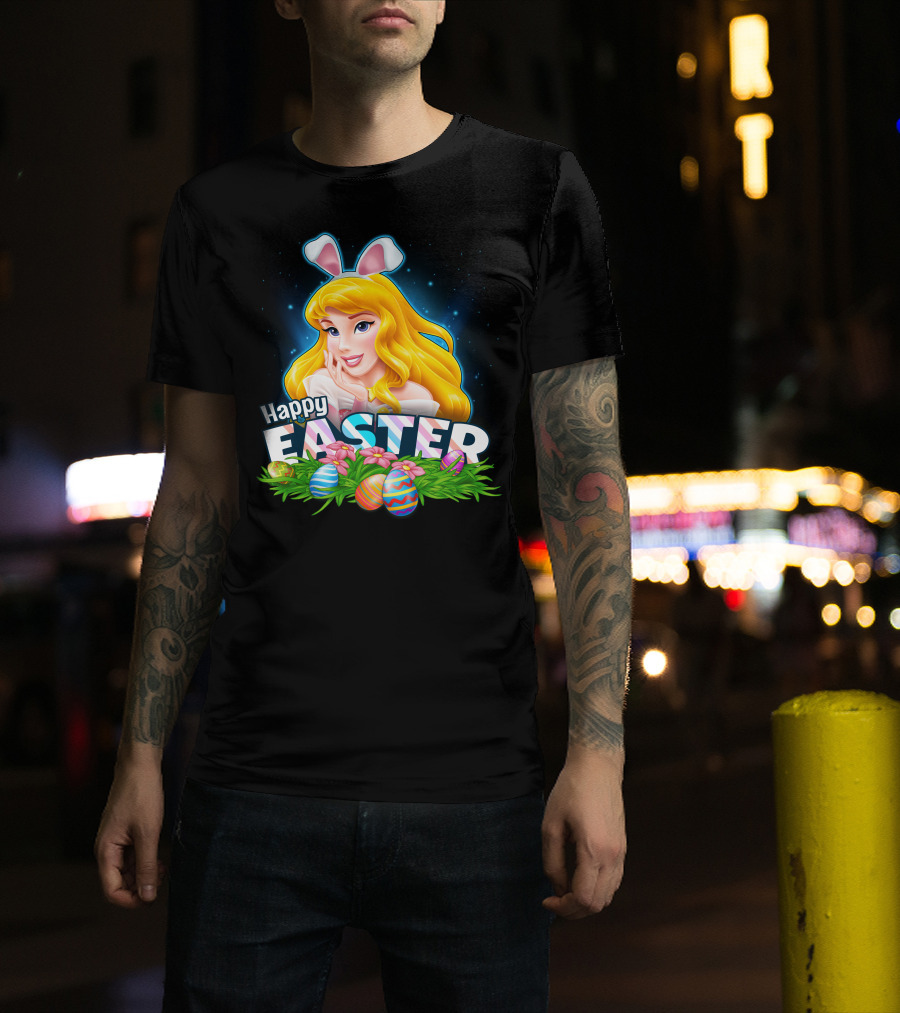 Happy Easter Aurora Bunny Ears With Colorful Eggs And Flowers T-Shirt