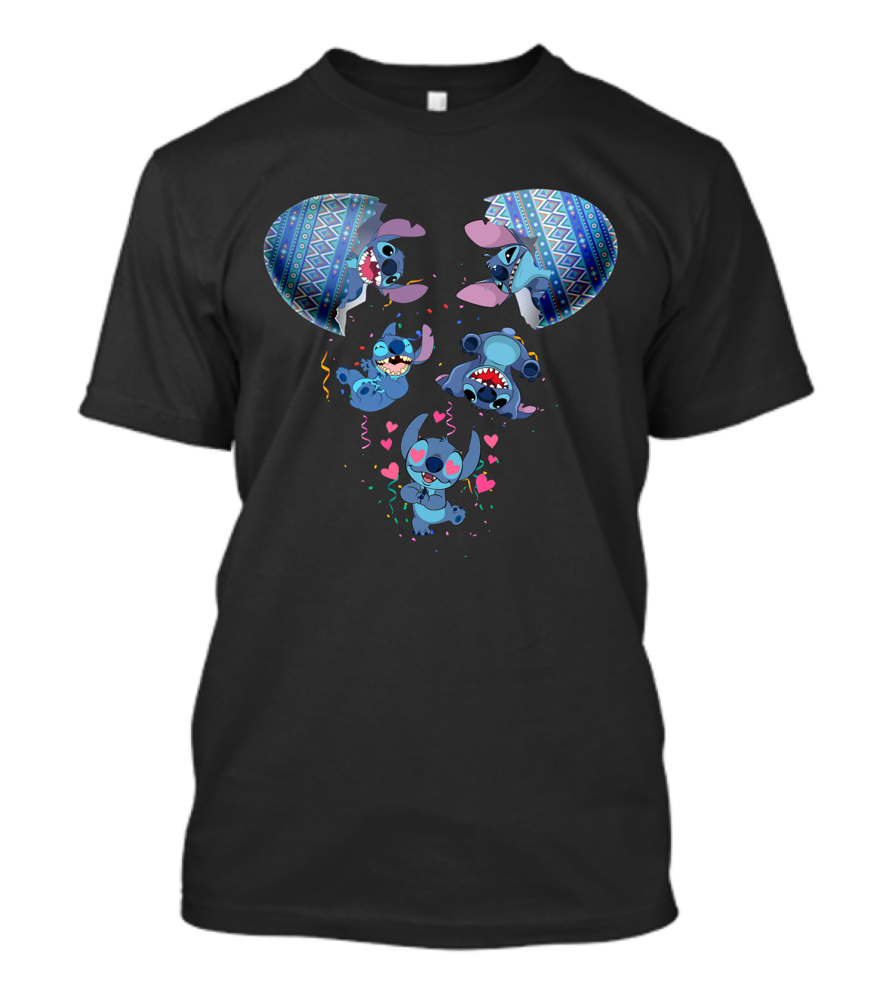 Stitch Erupting From Ornate Eggshell With Playful Expressions And Heart Confetti T-Shirt