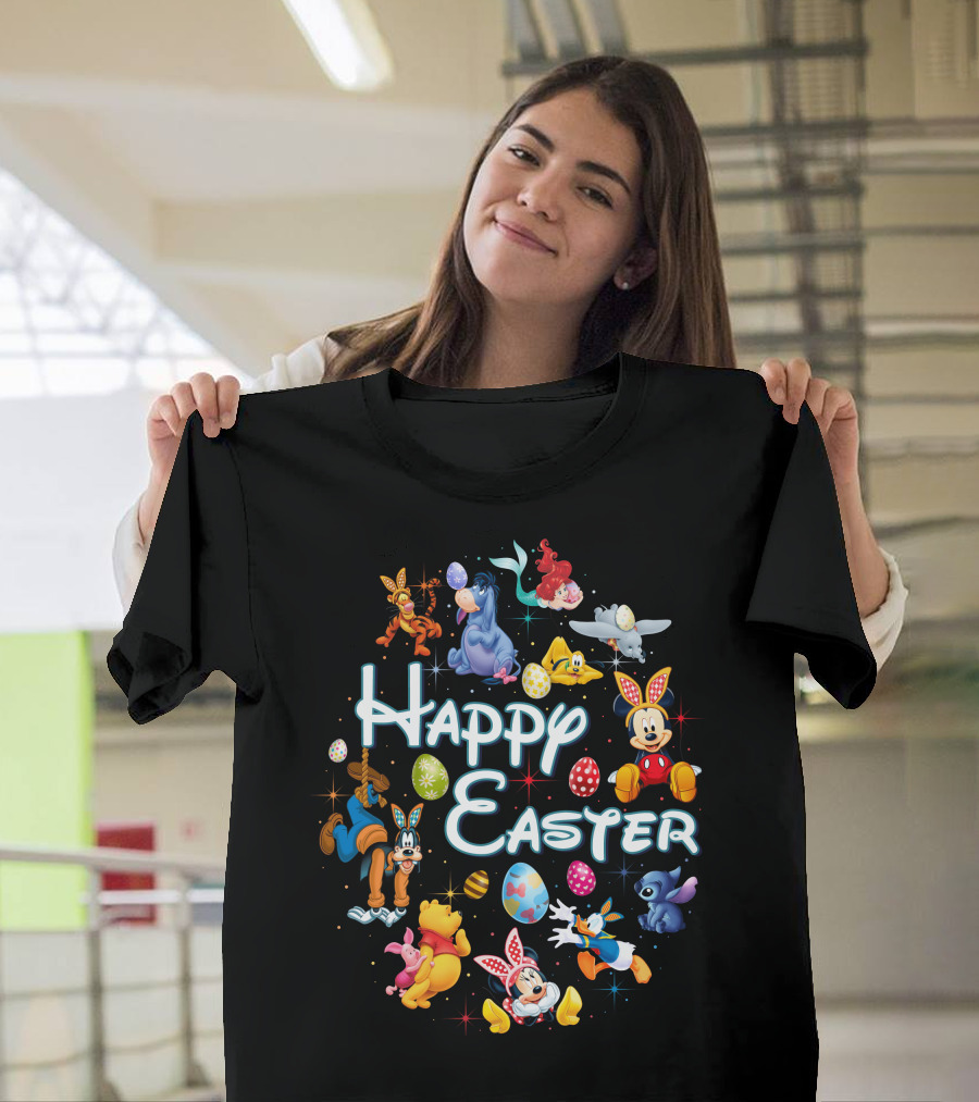 Happy Easter Disney Characters Mickey Minnie Pooh Stitch Dumbo Ariel Tigger Goofy Eeyore Eggs T-Shirt