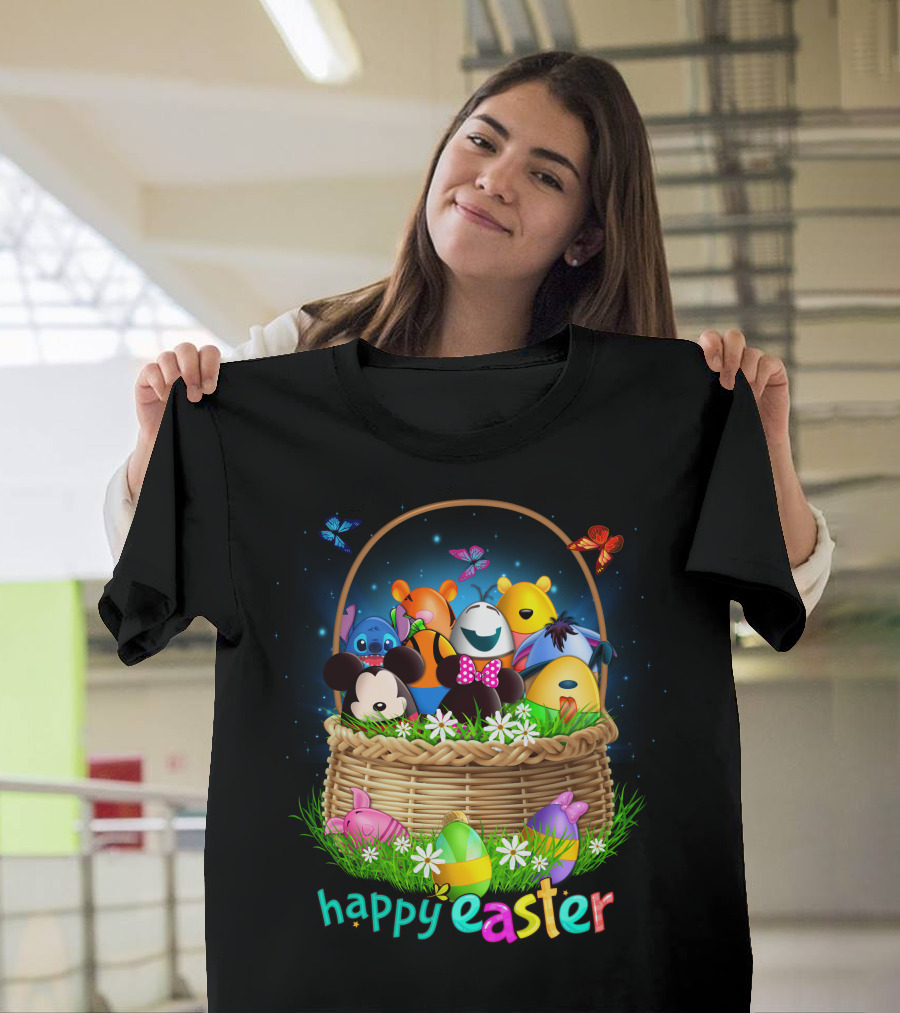 Happy Easter Basket With Colorful Eggs And Characters T-Shirt