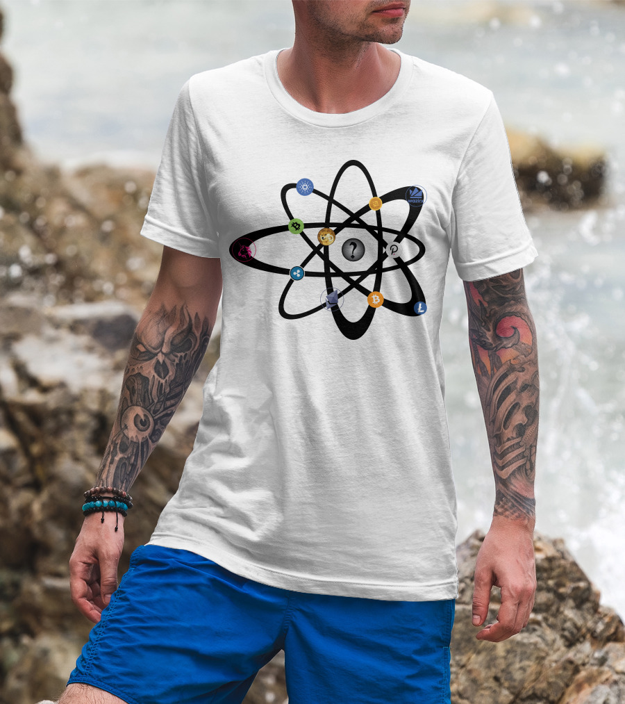 Uniswap Cardano Binance Coin WazirX Polkadot XRP Dogecoin Ethereum Bitcoin Litecoin Cryptocurrency Icons Atom Structure T-Shirt