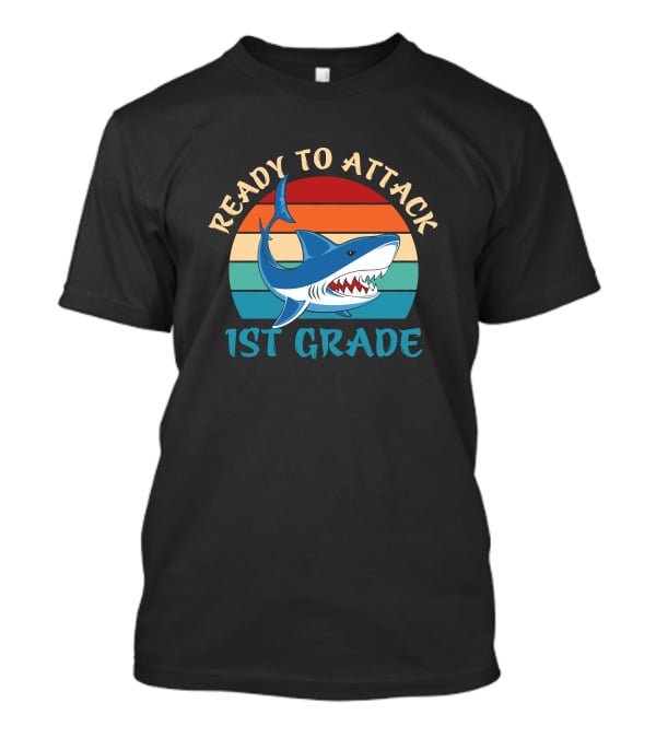 Ready To Attack 1st Grade Shark Retro Stripes T-Shirt