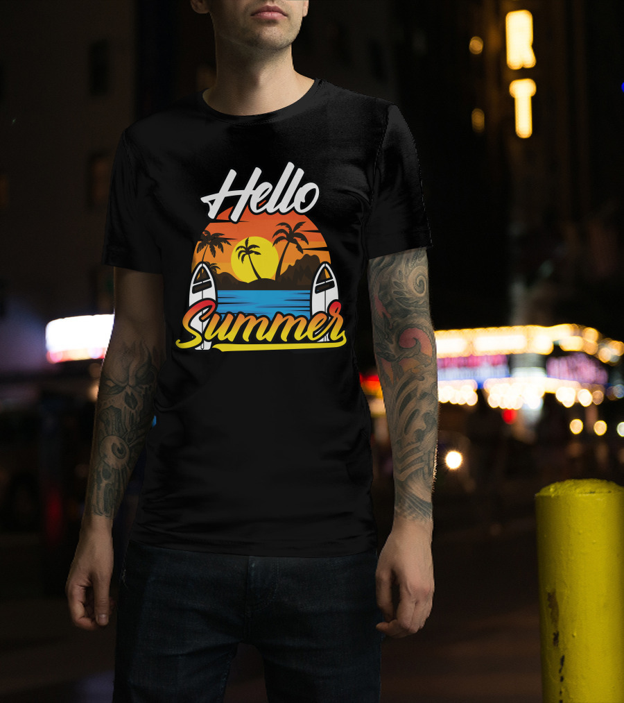 Hello Summer Sunset Surfing Beach Scene T-Shirt
