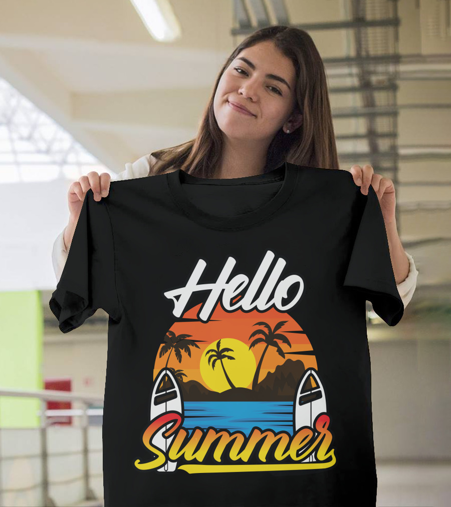 Hello Summer Sunset Surfing Beach Scene T-Shirt