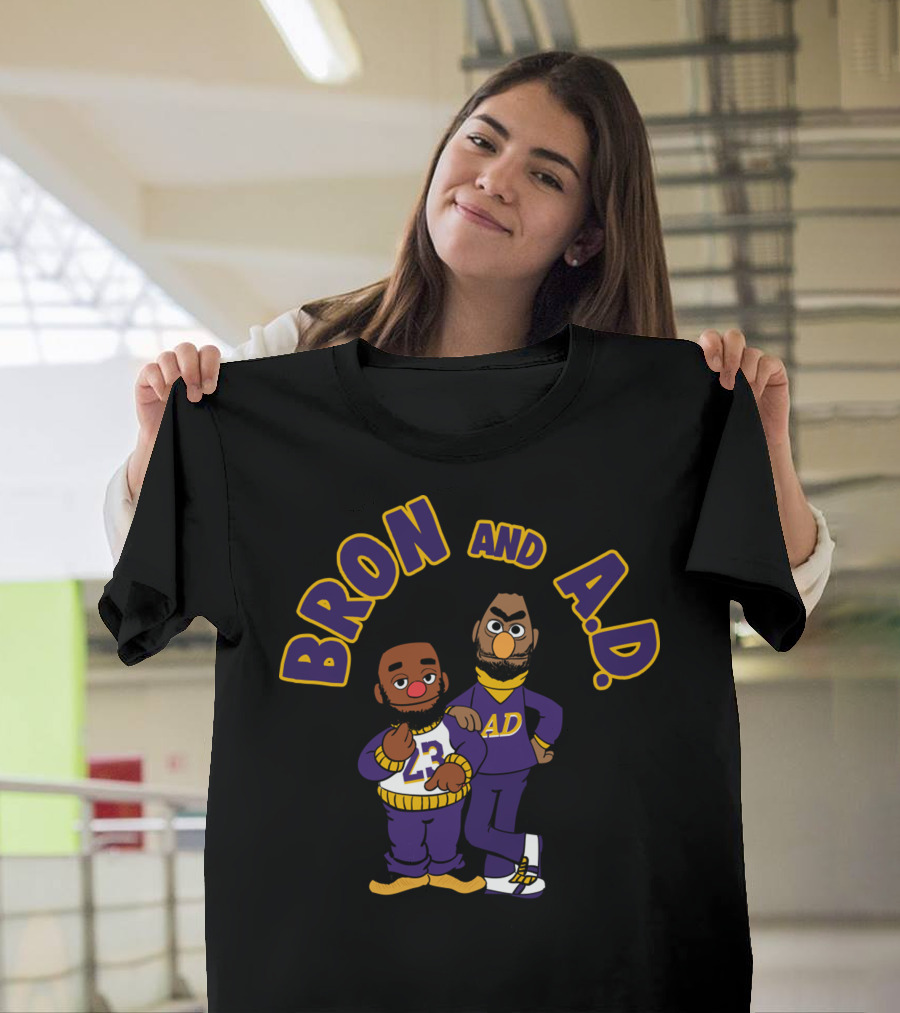 Bron And A.D. Cartoon Characters In Purple And Gold Outfits T-Shirt