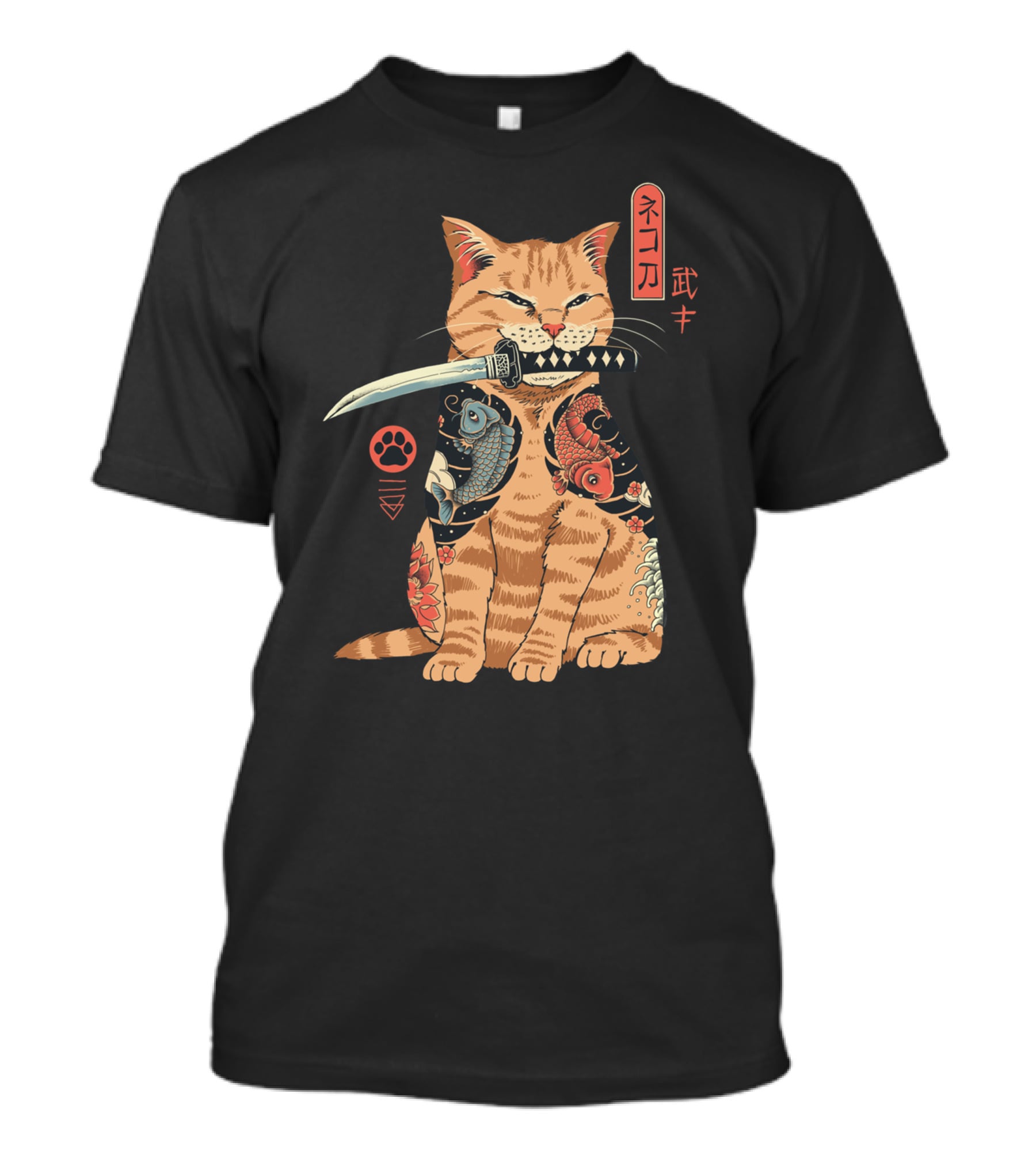 Catana Classique Samurai Cat Kanji Tattoo Koi Fish Katana T-Shirt