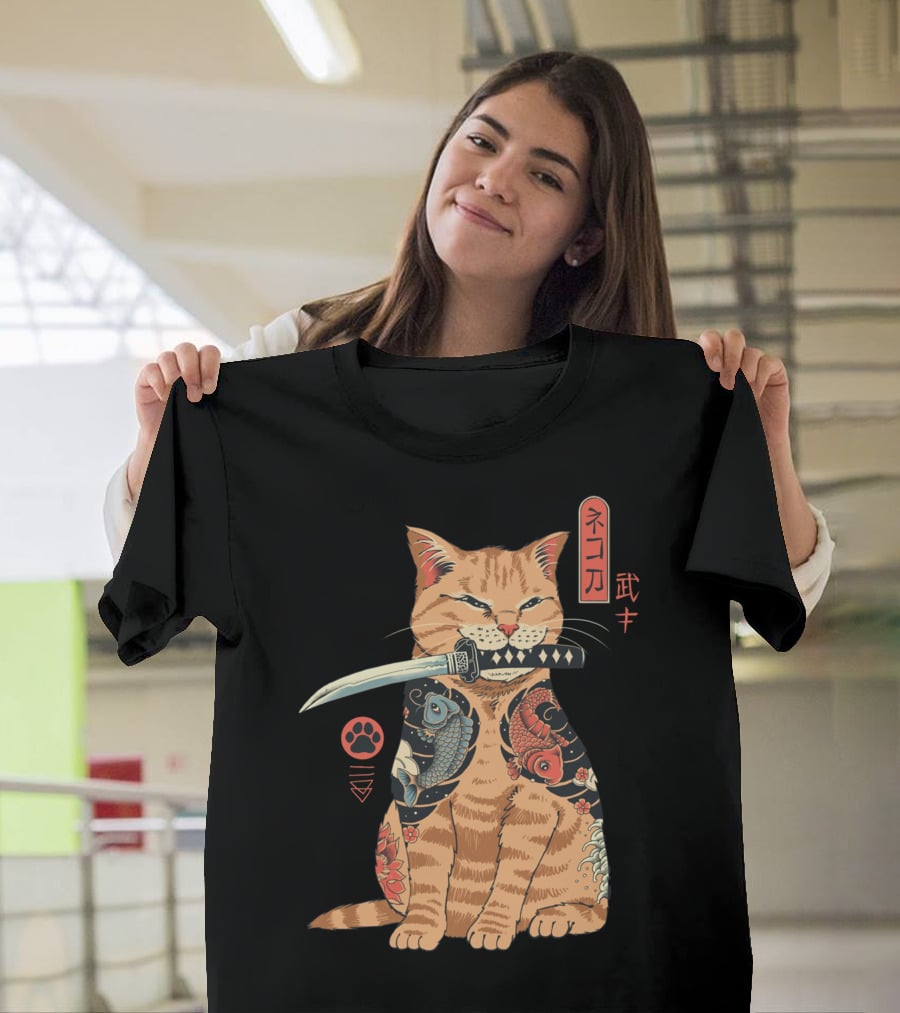 Catana Classique Samurai Cat Kanji Tattoo Koi Fish Katana T-Shirt