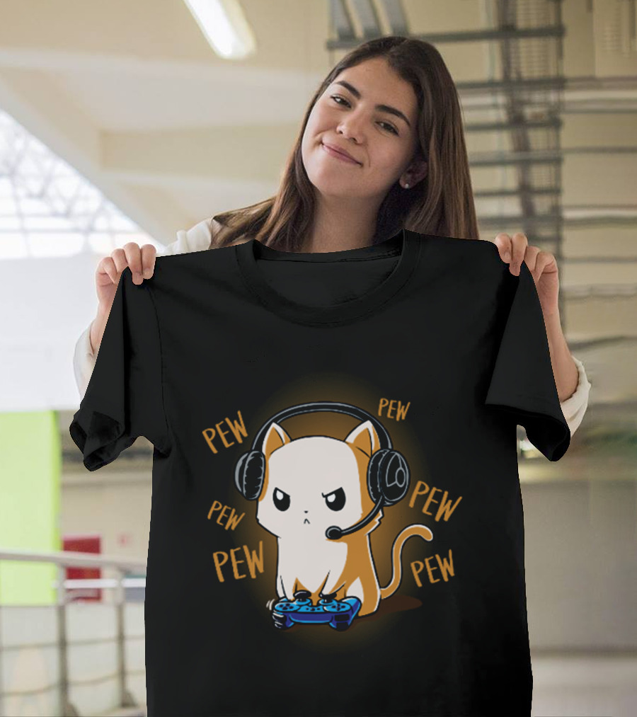 Pew Pew Kitty Cat Gamer Kliban Cats Headset Controller T-Shirt
