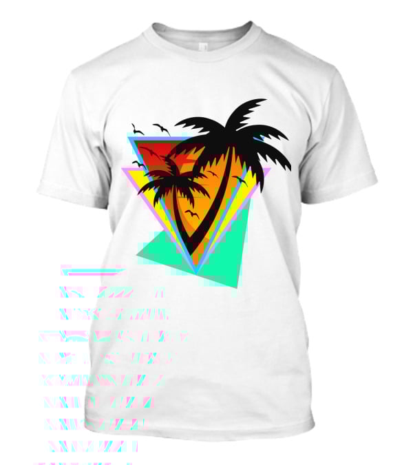 The Sea And You Tropical Palm Sunset With Geometric Triangles And Birds T-Shirt