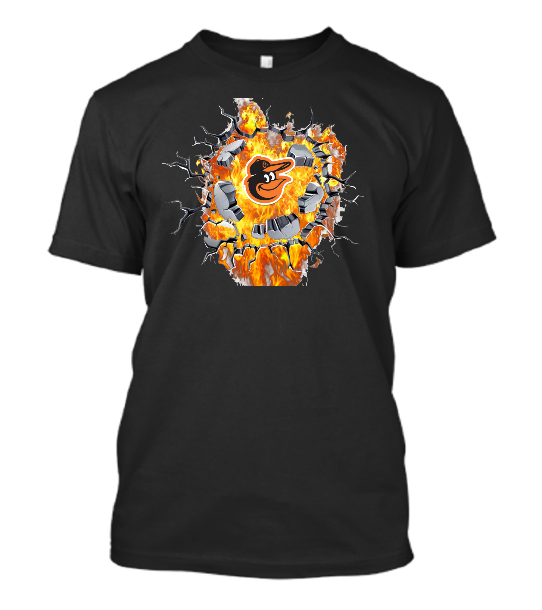Baltimore Orioles Logo With Fiery Cracked Wall T-Shirt