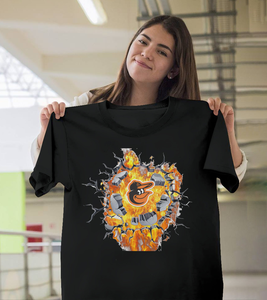 Baltimore Orioles Logo With Fiery Cracked Wall T-Shirt