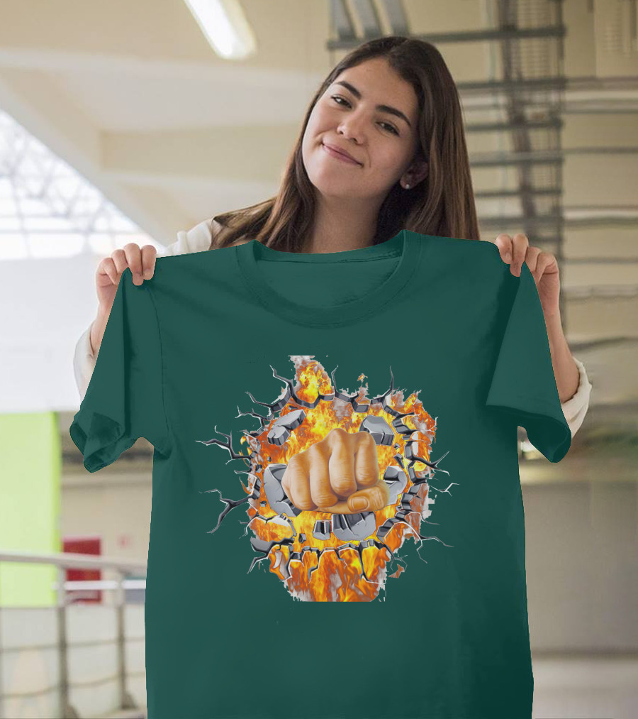 Steel Hands Fist Breaking Through Fiery Wall T-Shirt