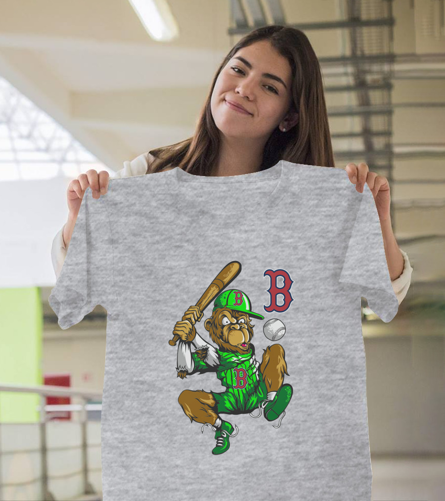 Boston Red Sox B Logo Cartoon Baseball Player With Bat And Uniform T-Shirt