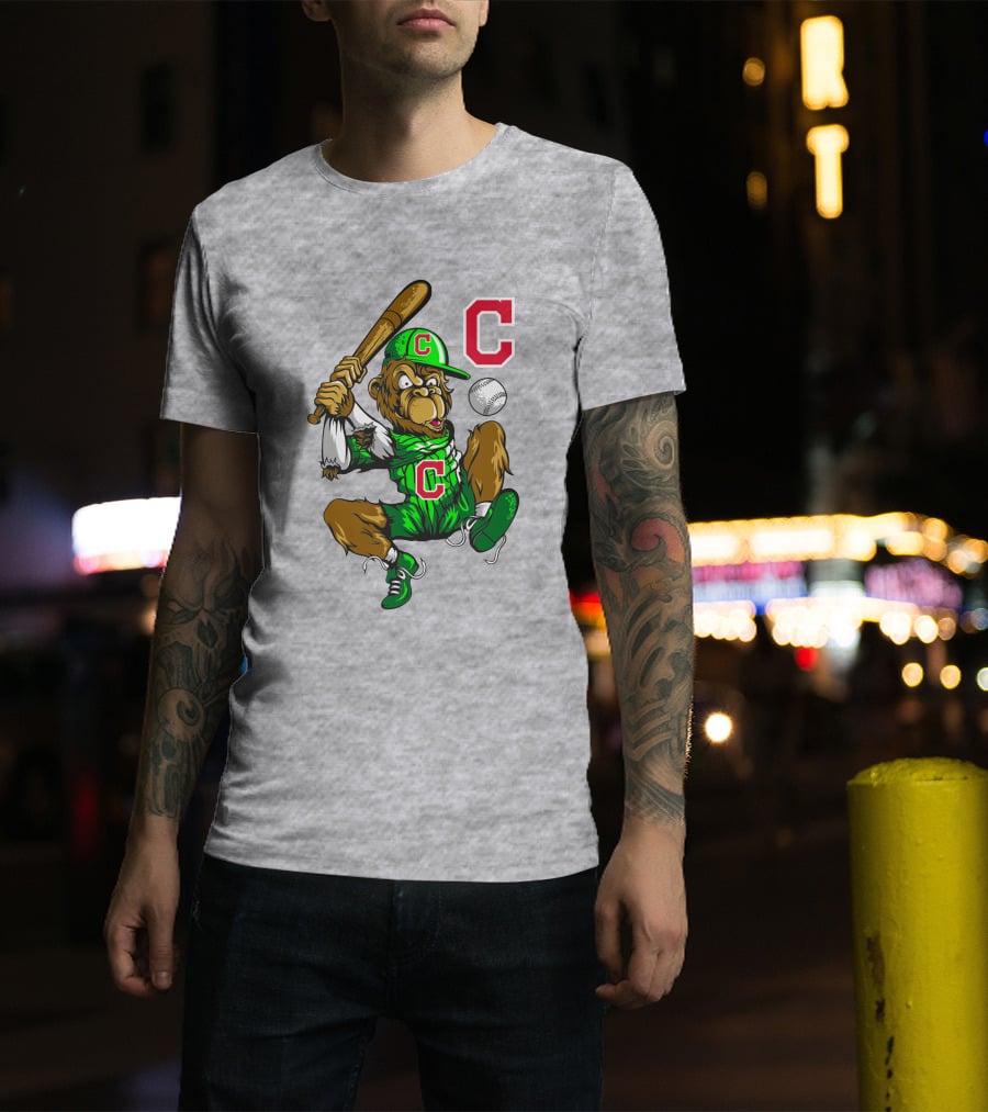 Cleveland Indians Home Run C Logo Green Jersey Baseball Bat Mascot T-Shirt