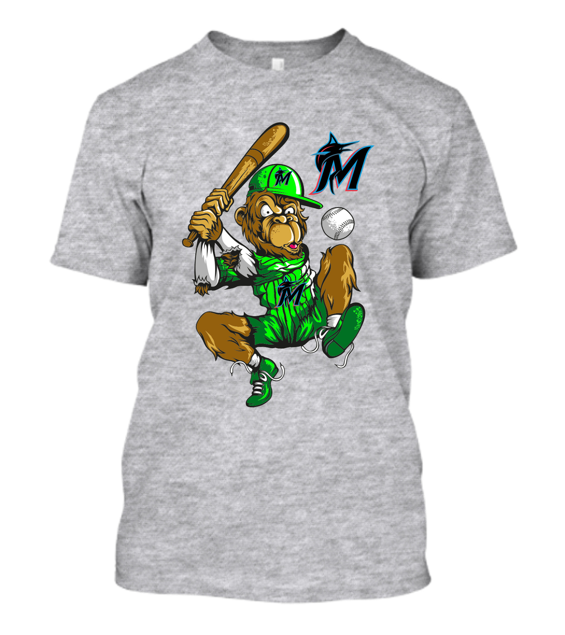Miami Marlins Monkey Mascot Swinging At Baseball T-Shirt