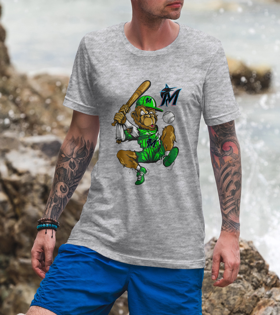 Miami Marlins Monkey Mascot Swinging At Baseball T-Shirt