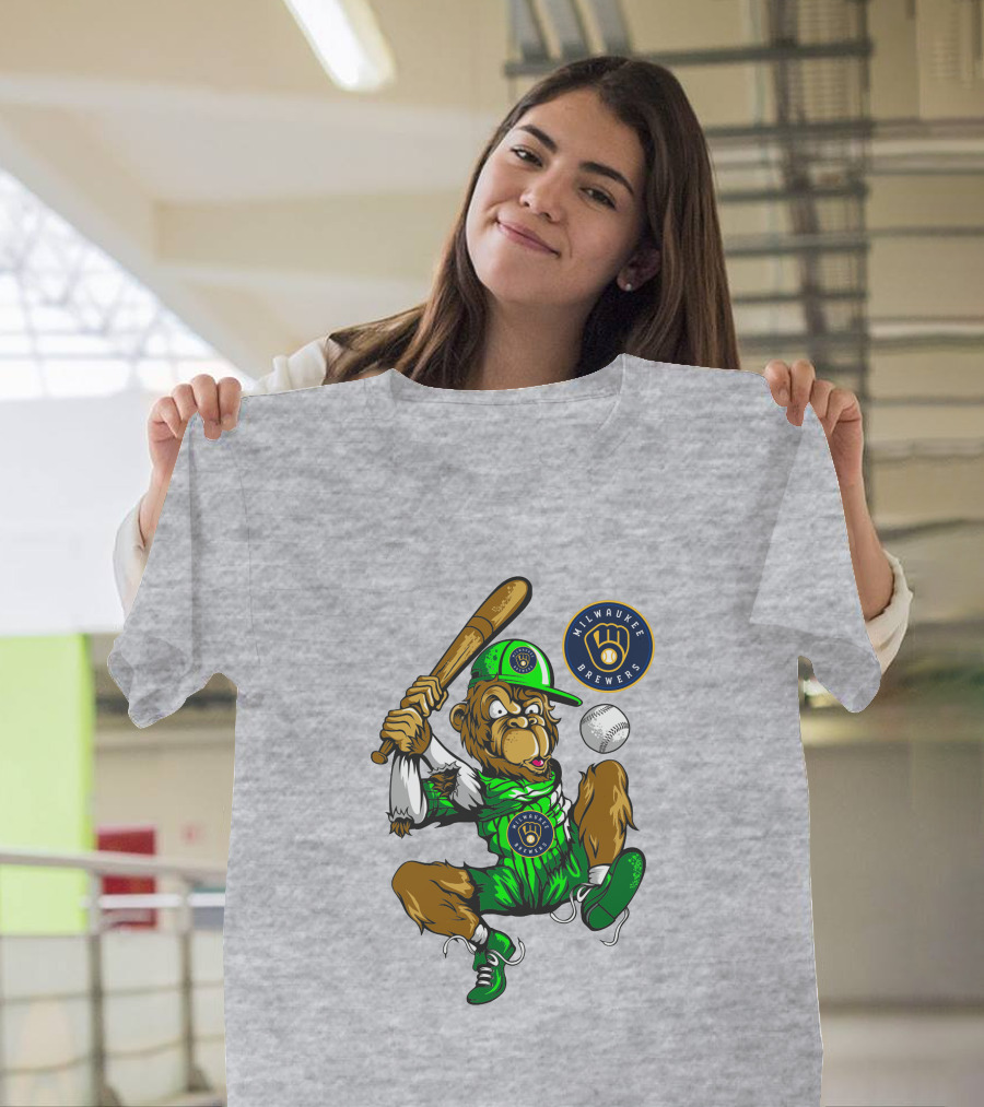 Milwaukee Brewers Baseball Mascot Swinging Bat In Green Uniform T-Shirt