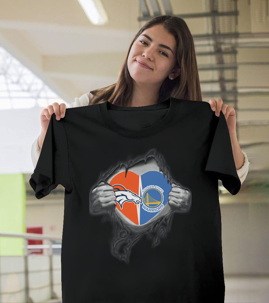 Broncos Warriors Heart with Denver Broncos and Golden State Warriors T-Shirt