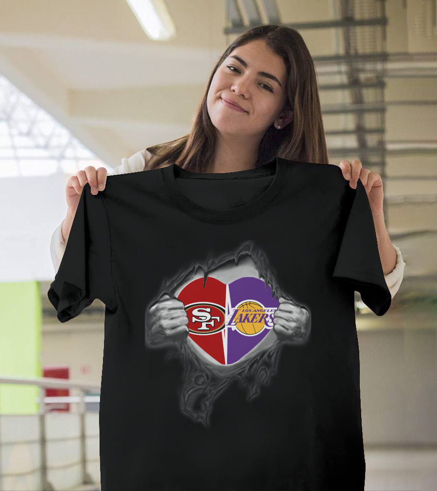 Sf 49ers La Lakers Heart Holding Logos T-Shirt