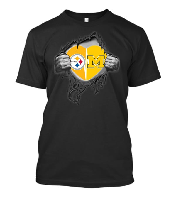 Steelers And Michigan Heart Symbol Inside Ripped Skin T-Shirt