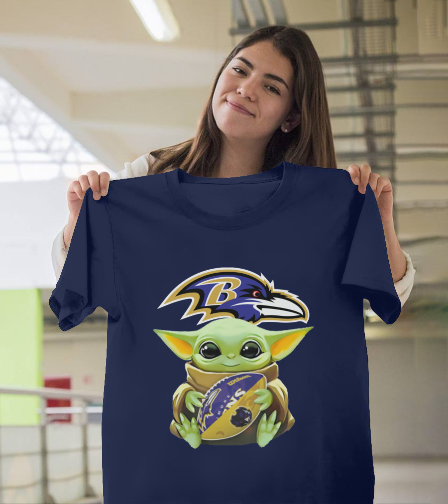 Baltimore Ravens Baby Yoda Holding Football With Team T-Shirt