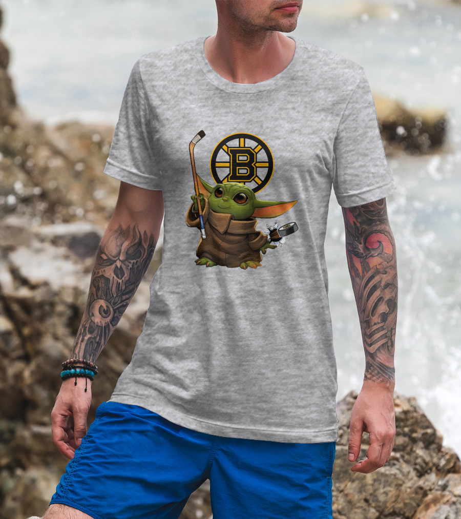 Boston Bruins Baby Yoda Hockey Stick Puck Character T-Shirt