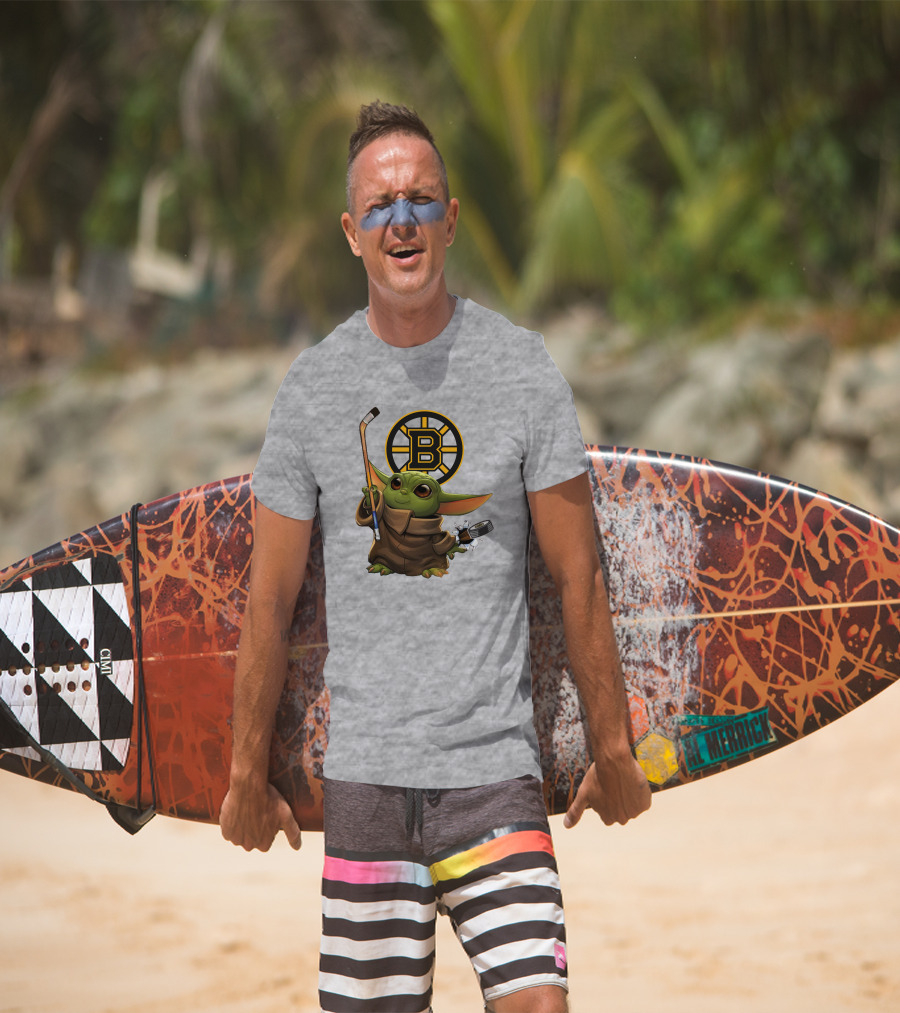 Boston Bruins Baby Yoda Hockey Stick Puck Character T-Shirt