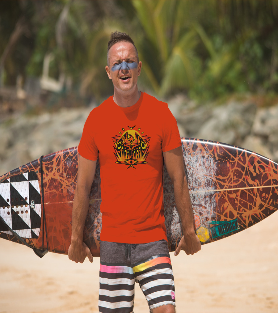 Howl Out Golden Eagle Rises Tribal Pattern On Bold Orange Background T-Shirt