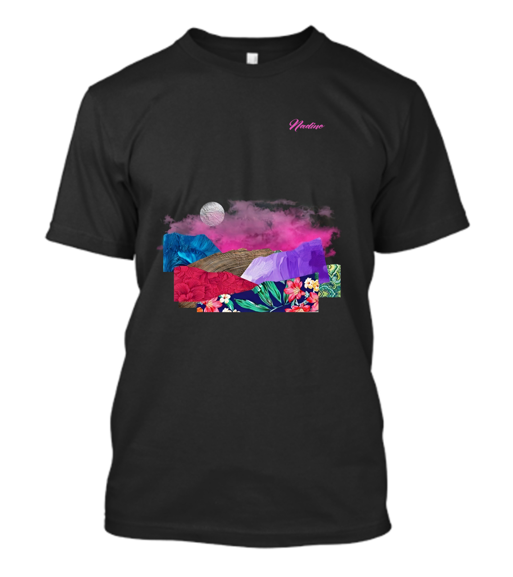 Nadine Lott Vibrant Floral Pattern With Pink And Blue Textures And White Moon T-Shirt