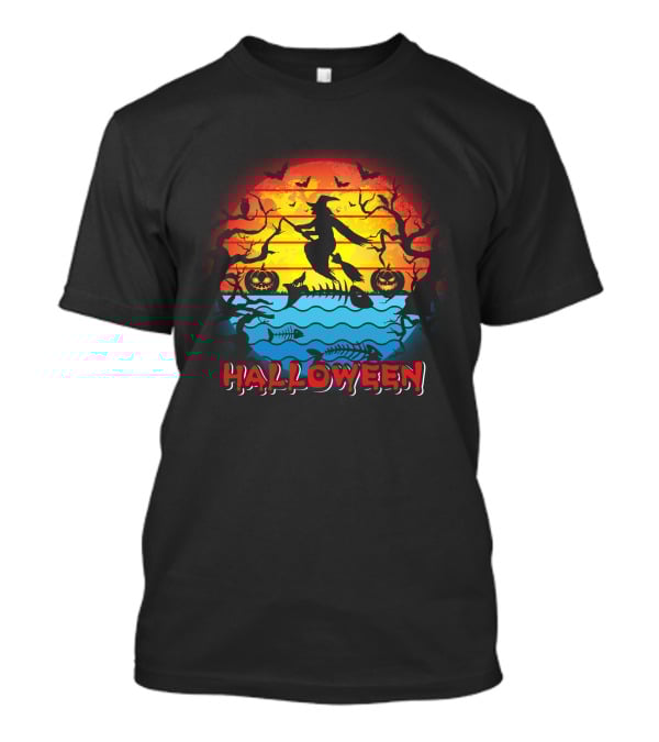 Halloween Witch And Fish Bone Sunset Scene T-Shirt